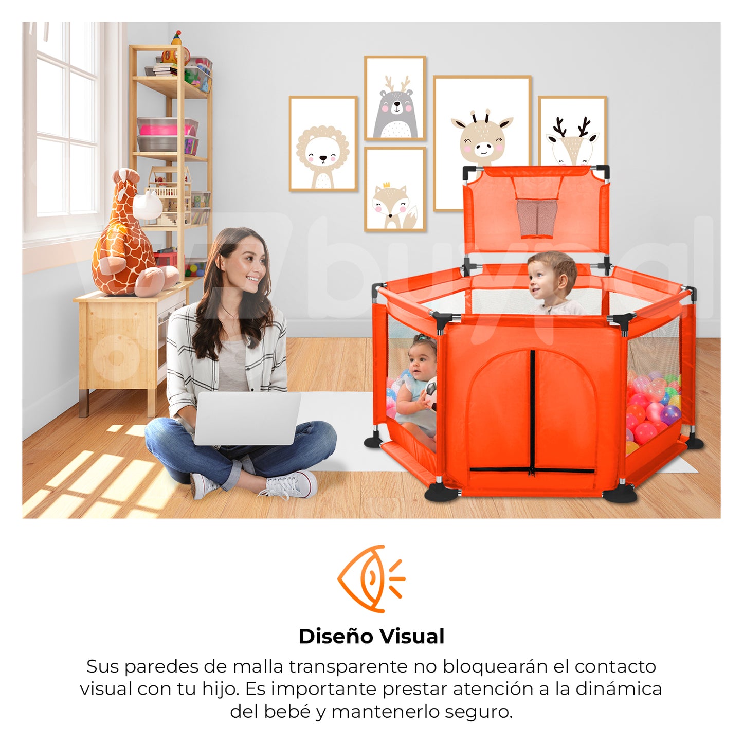 Cuna corral para bebe con aro de basketball y tela resistente